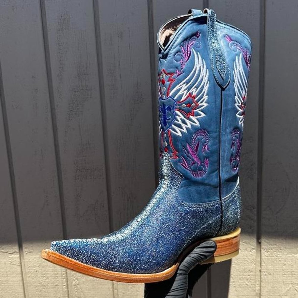 #3 Leather Boot with Light Blue Metallic Imitation Stingray Finish, Model 6709